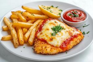 A plate with a chicken parmesan and french fries photo