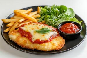 A plate of food with a chicken parmesan, french fries and salad photo
