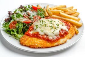 A plate with chicken parmesan, french fries and salad photo