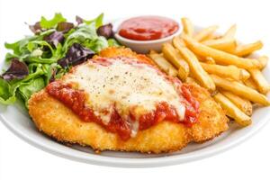 A plate with a chicken parmesan and fries photo