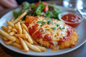 A plate of chicken parmesan with french fries and salad photo