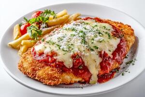 A plate of chicken parmesan with french fries and sauce photo