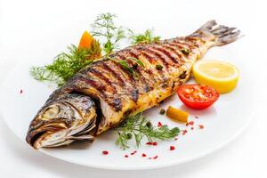 Grilled fish on a white plate with lemon and herbs photo