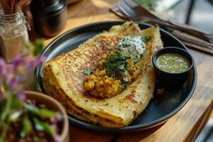 Indian crepe with curry and vegetables on a black plate photo
