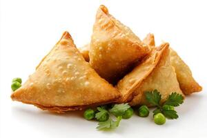 A pile of samosas with green peas on top photo