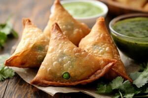 Samosa with green sauce and cilantro photo