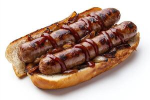 A hot dog with ketchup and onions on a bun photo