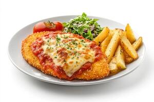 A plate with chicken parmesan and french fries photo