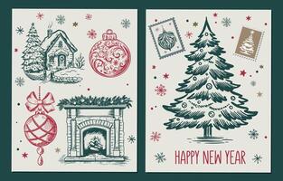 Christmas set with tree, fireplace and ball in sketch style. Hand drawn illustration. vector
