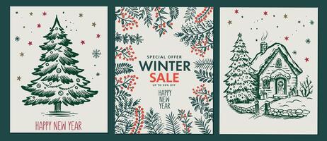 Christmas set with tree and house in sketch style. Hand drawn illustration. vector