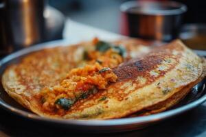 An omelette is served on a plate with a cup of tea photo
