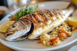 A large fish on a plate with vegetables and lemon photo