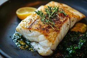 A fish fillet with greens and lemon on a black plate photo