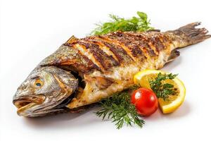 Grilled fish with lemon and herbs on white background photo