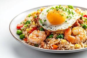 A plate with fried rice, shrimp and vegetables photo