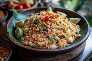 Thai fried rice with vegetables and lime photo