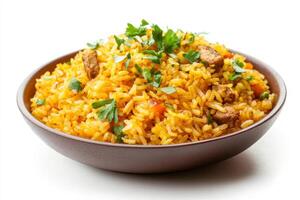 Indian rice with meat and vegetables in a bowl photo