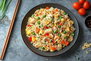 Chinese fried rice with vegetables and chicken photo