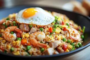 A bowl of fried rice with an egg on top photo