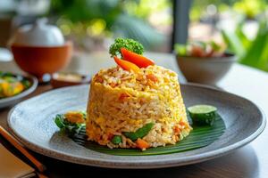 A plate of rice with vegetables and meat on it photo