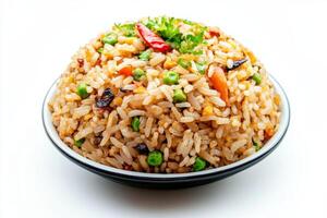 A bowl of fried rice with vegetables and peppers photo