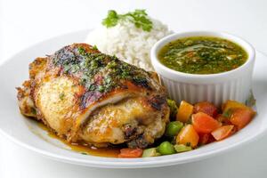 A plate with rice, chicken and vegetables photo