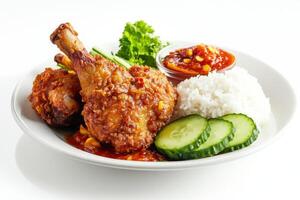 A plate of food with rice, cucumber, and meat photo