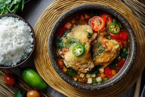 Chicken curry with vegetables and rice photo
