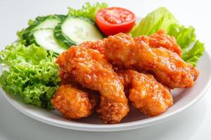 Chicken wings with lettuce and tomato on a white plate photo