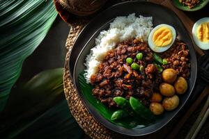 Indonesian food with rice, egg and vegetables photo