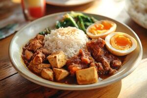 A bowl of curry with rice and an egg on a wooden table photo