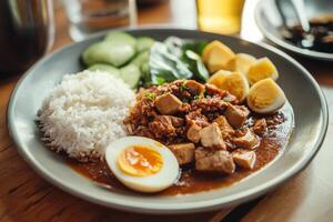 Malaysian food - chicken curry with rice and egg photo