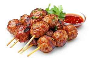 Meat skewers with sauce and garnish photo