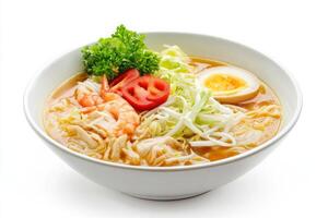 A bowl of ramen with shrimp, vegetables and an egg photo