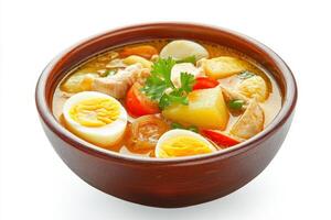 pollo y huevo sopa en un cuenco en un blanco antecedentes foto
