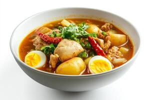 Chicken and rice soup with boiled eggs photo
