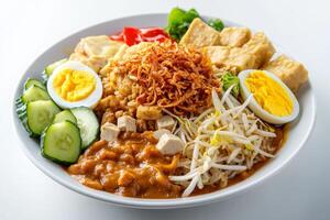 A bowl of food with noodles, eggs, and vegetables photo