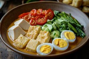 A bowl of food with eggs, tomatoes, and vegetables photo