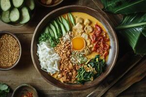 Thai curry with egg and vegetables in bowl on wooden table photo
