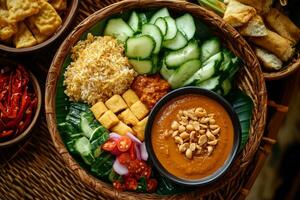 A bowl of food with rice, cucumbers and other ingredients photo