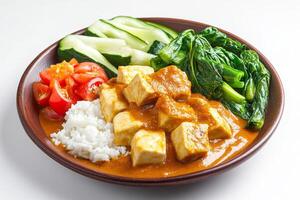 A bowl of curry with tofu, rice and vegetables photo