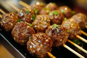 Meat skewers with sauce and green onions photo