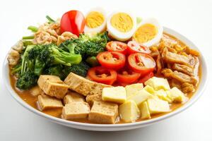 A bowl of food with a variety of vegetables and eggs photo