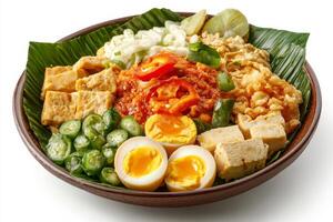 A bowl of food with eggs, rice and vegetables photo
