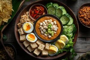 A plate with a bowl of food and other ingredients photo