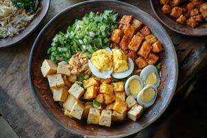 A bowl of food on a table photo