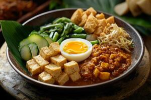 A bowl of food with an egg, tofu and other ingredients photo