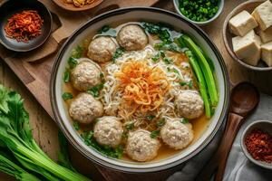 Chinese meatball soup with noodles and vegetables photo