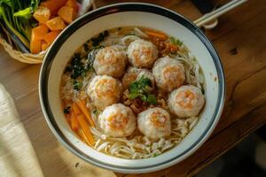 A bowl of noodles with meatballs and carrots photo