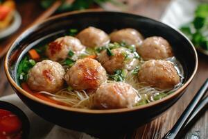 Chinese meatball soup with noodles and vegetables photo